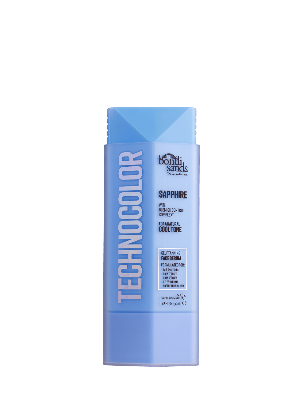 A blue cylindrical bottle labeled “Sapphire Technocolor Self Tanning Face Serum” by BondiSandsEU, adorned with white and silver text. Specially formulated for cool skin tones, this self tanner is ideal for fair skin. The bottle stands upright against a white background.