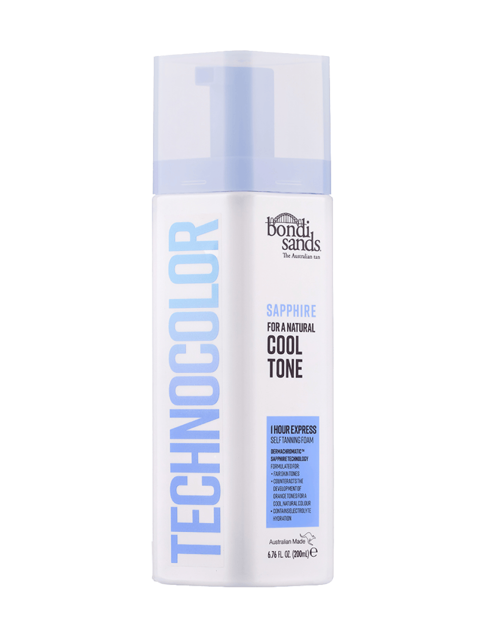 A 200ml bottle of BondiSandsEU Sapphire Technocolor 1 Hour Express Self Tanning Foam, designed for fair skin tones with a cool undertone to deliver a natural look. This self-tan features a 1-hour express formula and comes in sleek blue and white packaging.