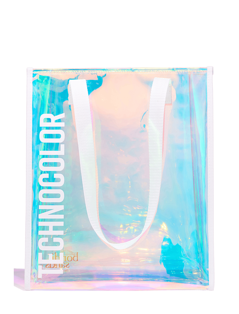 Introducing the Technocolor Tote Bag from BondiSandsEU—a limited edition iridescent clear holographic tote featuring sturdy white handles and TECHNICOLOR boldly printed in white letters along the left side. Add a vibrant pop of shine to any outing with this eye-catching accessory.