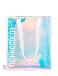 Introducing the Technocolor Tote Bag from BondiSandsEU—a limited edition iridescent clear holographic tote featuring sturdy white handles and TECHNICOLOR boldly printed in white letters along the left side. Add a vibrant pop of shine to any outing with this eye-catching accessory.