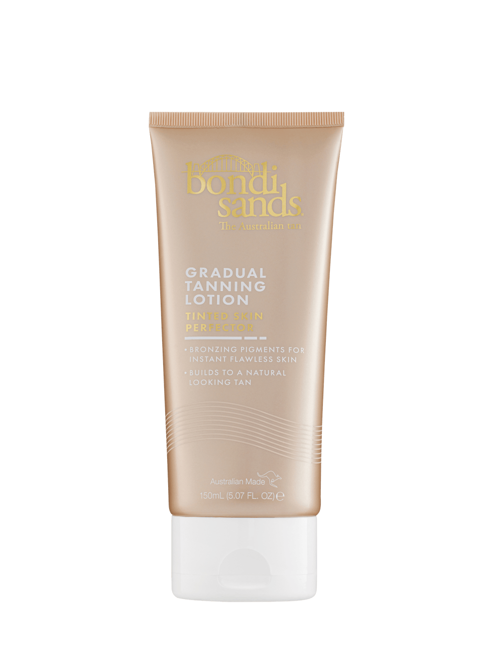 A 150ml tube of BondiSandsEU Tinted Skin Perfector Gradual Tanning Lotion in beige with gold text, featuring a white flip-top cap and designed to deliver glowing skin.