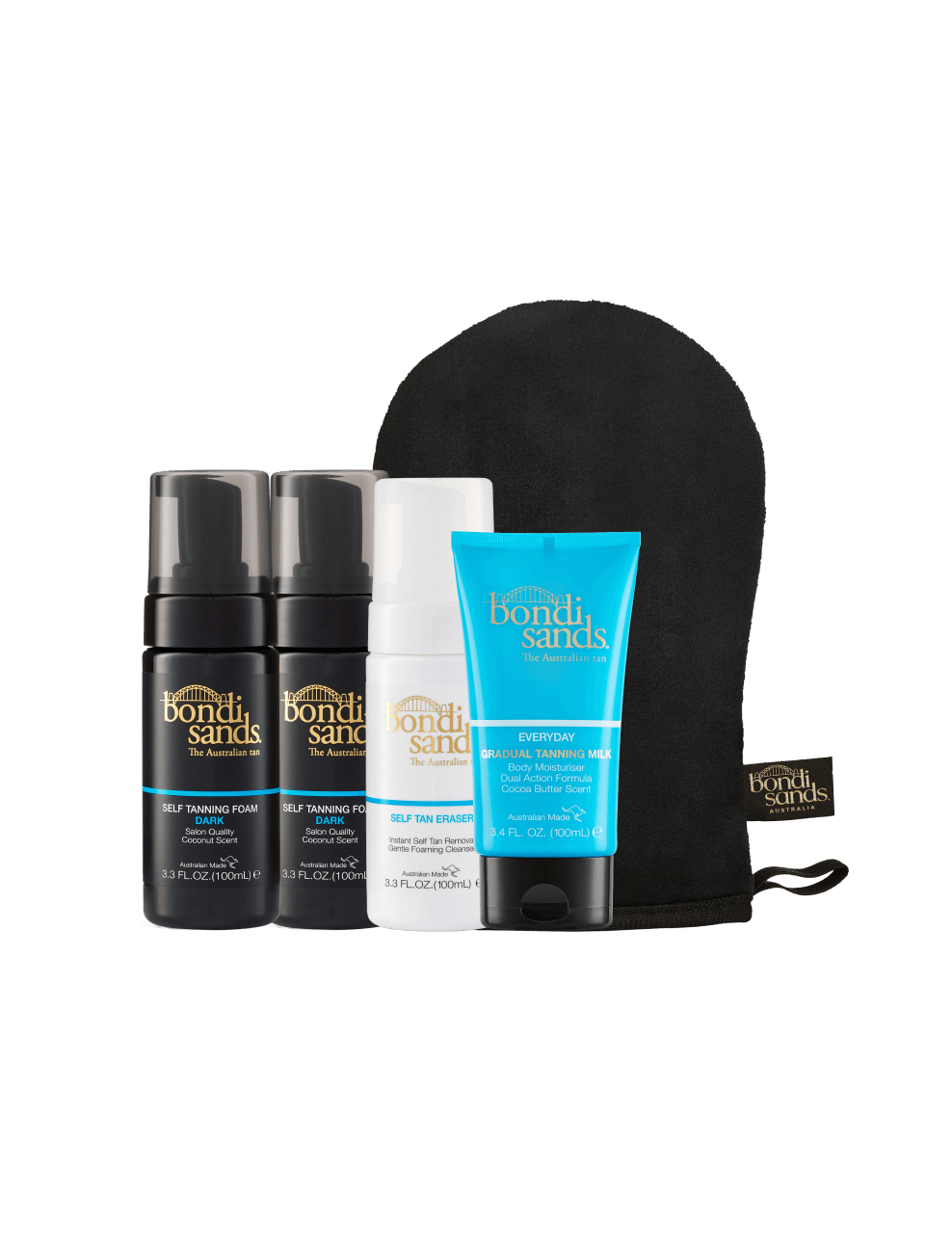 The BondiSandsEU Starter Bundle, featuring four tanning essentials and a black tanning mitt, is arranged upright against a white background. The bundle includes two self tanning foam bottles, one self tan remover, and one blue-labeled gradual tanning milk.