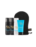 The BondiSandsEU Starter Bundle, featuring four tanning essentials and a black tanning mitt, is arranged upright against a white background. The bundle includes two self tanning foam bottles, one self tan remover, and one blue-labeled gradual tanning milk.