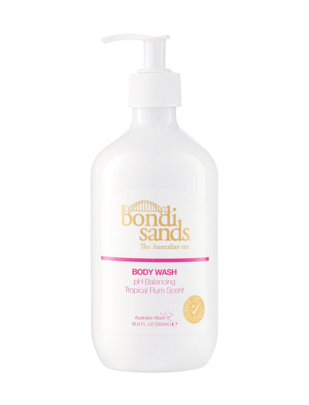 A white bottle of BondiSandsEU Tropical Rum Body Wash with a pump dispenser, featuring gold and pink text. The label notes it is pH balancing, self tan friendly, has a tropical rum scent, and contains 16.9 fl oz (500 mL).