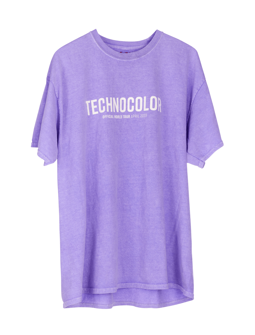 The oversized Technocolor Technoverse Tee by BondiSandsEU is a lavender short-sleeve T-shirt, featuring “TECHNOCOLOR OFFICIAL WORLD TOUR APRIL 2023” printed in crisp white on the front and displayed against a plain white background.