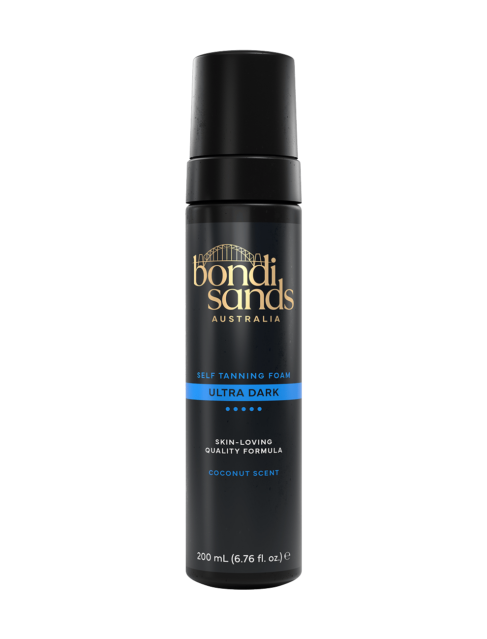 A 200 mL black bottle of BondiSandsEU Ultra Dark Self Tanning Foam, featuring gold and blue label text that highlights its coconut scent and quality formula for a natural glow and long-lasting tan.