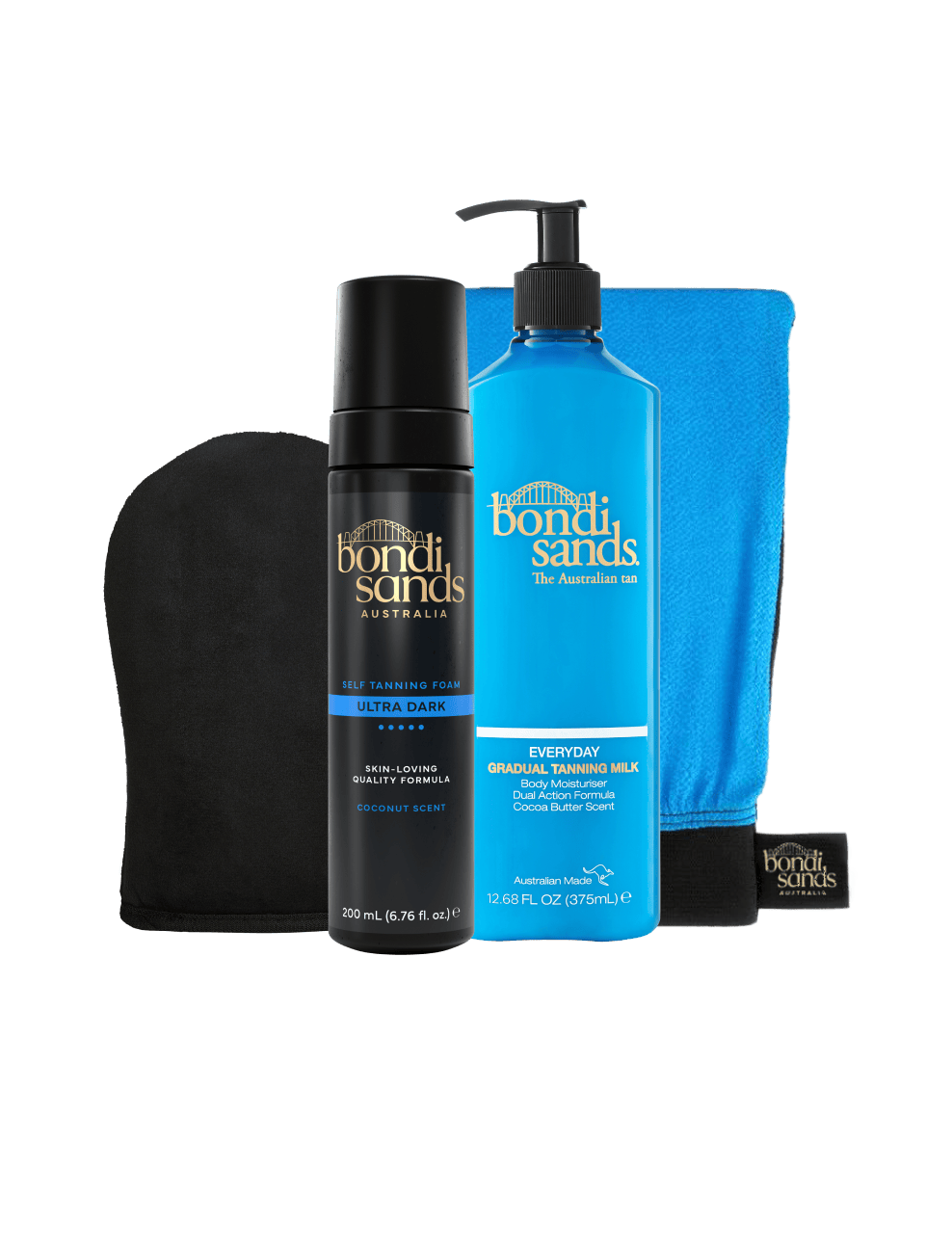 The Ultra Dark Self Tanning Routine Bundle by BondiSandsEU features the Ultra Dark Self Tanning Foam, Everyday Gradual Tanning Milk in a blue pump bottle, and two tanning mitts—one black and one blue—all showcased against a white background.