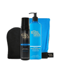 The Ultra Dark Self Tanning Routine Bundle by BondiSandsEU features the Ultra Dark Self Tanning Foam, Everyday Gradual Tanning Milk in a blue pump bottle, and two tanning mitts—one black and one blue—all showcased against a white background.