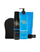The Ultra Dark Self Tanning Routine Bundle by BondiSandsEU features the Ultra Dark Self Tanning Foam, Everyday Gradual Tanning Milk in a blue pump bottle, and two tanning mitts—one black and one blue—all showcased against a white background.
