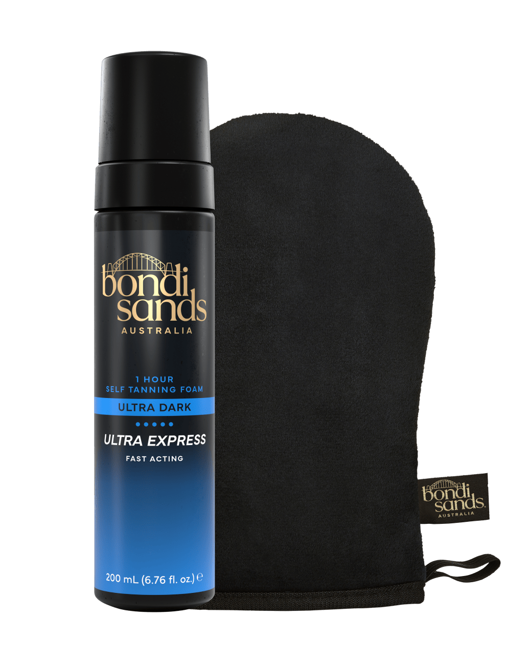 The Bondi Sands Europe Ultra Express Self Tanning Foam & Application Mitt Bundle, featuring the Ultra Dark formula, is displayed on a white background—ideal for those wanting a flawless, same-day-ready finish.