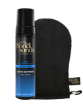 The Bondi Sands Europe Ultra Express Self Tanning Foam & Application Mitt Bundle, featuring the Ultra Dark formula, is displayed on a white background—ideal for those wanting a flawless, same-day-ready finish.