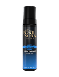 A black and blue 200 mL bottle of Bondi Sands Europe Ultra Express Self Tanning Foam, featuring innovative ColourLock Accelerator technology for a fast-acting tan, with gold and white label text displaying the brand and product details.
