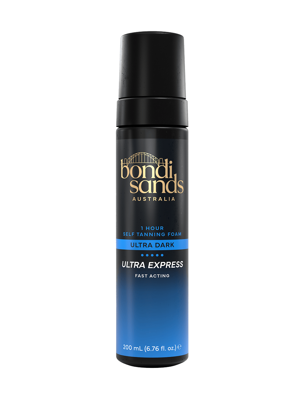 A black and blue 200 mL bottle of Bondi Sands Europe Ultra Express Self Tanning Foam, featuring innovative ColourLock Accelerator technology for a fast-acting tan, with gold and white label text displaying the brand and product details.