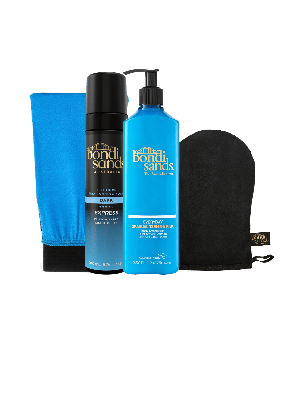 The BondiSandsEU Express Self Tanning Routine Bundle includes express self tan foam, gradual tanning milk, a blue cloth, and a black mitt—all neatly arranged upright on a white background for the ultimate streak-free tanning experience.