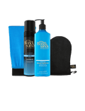 The BondiSandsEU Express Self Tanning Routine Bundle includes express self tan foam, gradual tanning milk, a blue cloth, and a black mitt—all neatly arranged upright on a white background for the ultimate streak-free tanning experience.