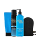 The BondiSandsEU Express Self Tanning Routine Bundle includes express self tan foam, gradual tanning milk, a blue cloth, and a black mitt—all neatly arranged upright on a white background for the ultimate streak-free tanning experience.