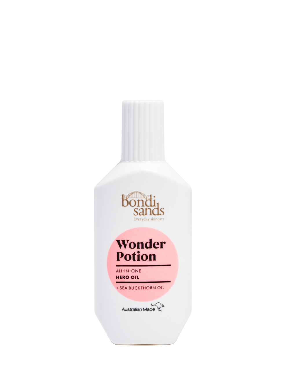 A white bottle of BondiSandsEU Wonder Potion Hero Oil with a pink label and white cap, displaying “Australian Made” at the bottom, formulated to nourish your skin and target visible signs of ageing.