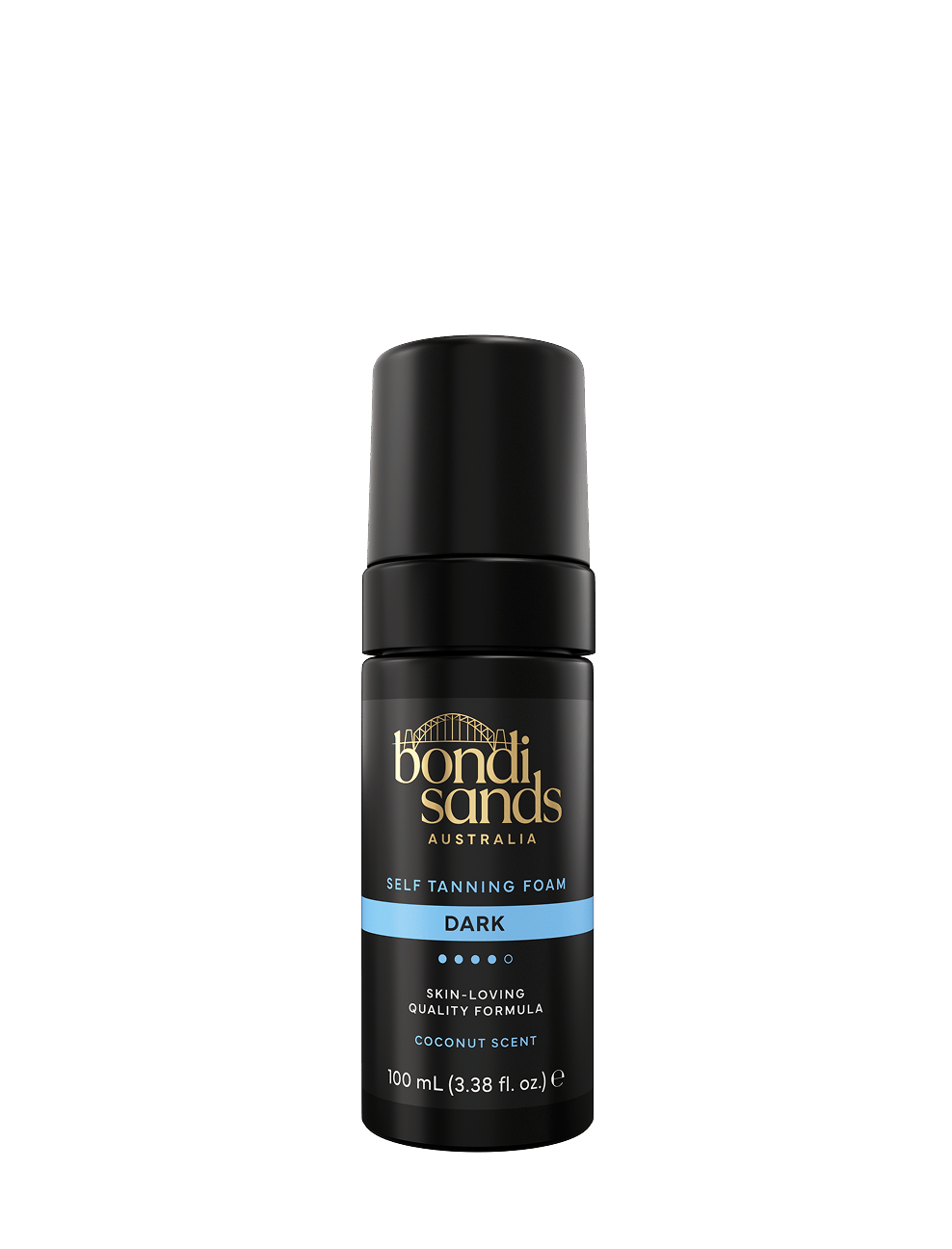 A 100 mL mini black bottle of BondiSandsEU Dark Self Tanning Foam, featuring a blue label with gold text and a coconut scent, delivers an effortless natural glow for those seeking a dark self tanner.