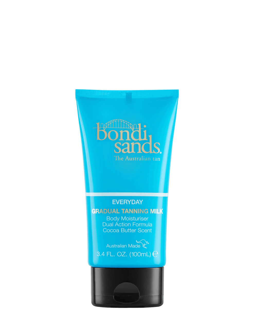 A blue tube of BondiSandsEU Gradual Self Tanning Milk Mini body moisturizer with a black cap, 100ml size, featuring the brand logo and product details in white and yellow text. This hydrating self tanner delivers a natural-looking tan while keeping your skin smooth and moisturized.