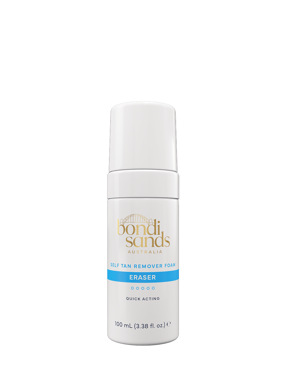 A white 100 mL (3.38 fl. oz.) pump-top bottle of BondiSandsEU Self Tan Remover Foam Eraser Mini, featuring gold and blue accents on the label, is shown against a plain white background. This exfoliating foam is designed to gently remove old tan, leaving your skin smooth and fresh.