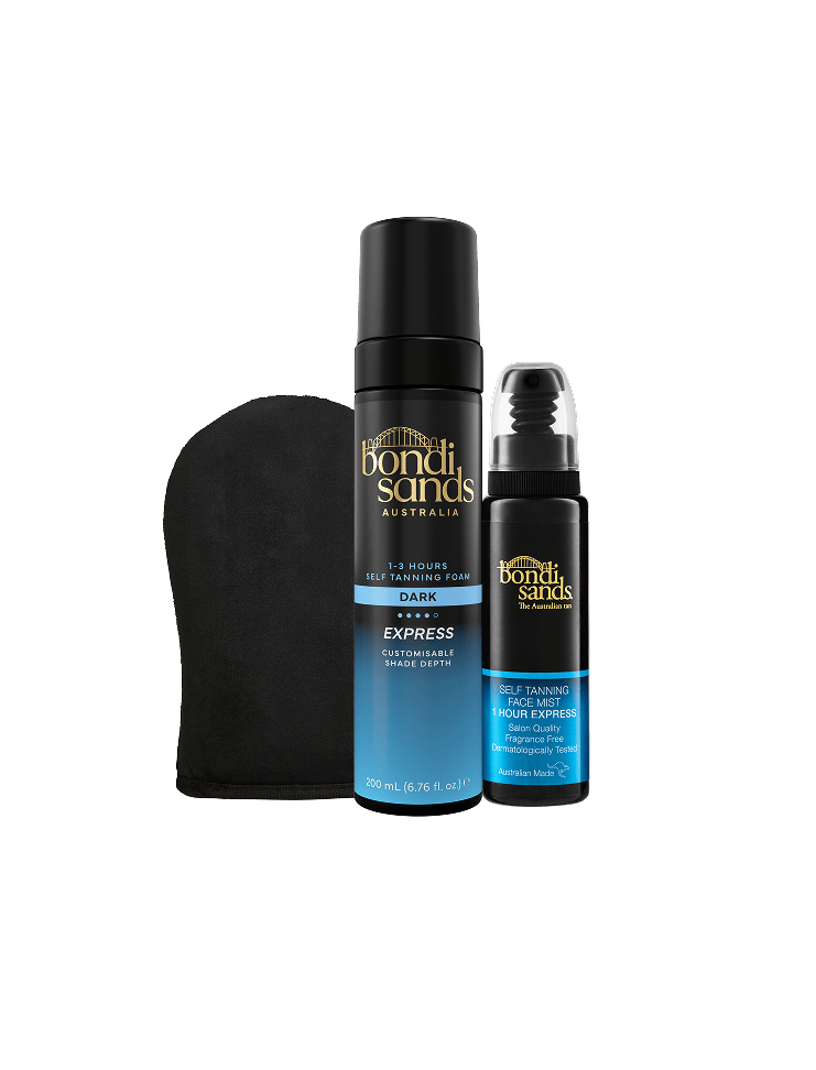 A black application mitt alongside an Express Self Tanning Bundle consisting of a bottle of Bondi Sands Express Self Tanning Foam and a 1 Hour Express Face Mist.