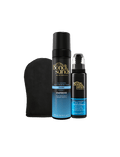 A black application mitt alongside an Express Self Tanning Bundle consisting of a bottle of Bondi Sands Express Self Tanning Foam and a 1 Hour Express Face Mist.