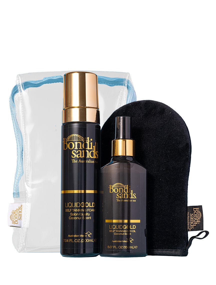 The BondiSandsEU Liquid Gold Gift Set includes nourishing Argan Oil tan, a clear pouch, both large and small gold-capped bottles of tanning solution, and a black tanning mitt.