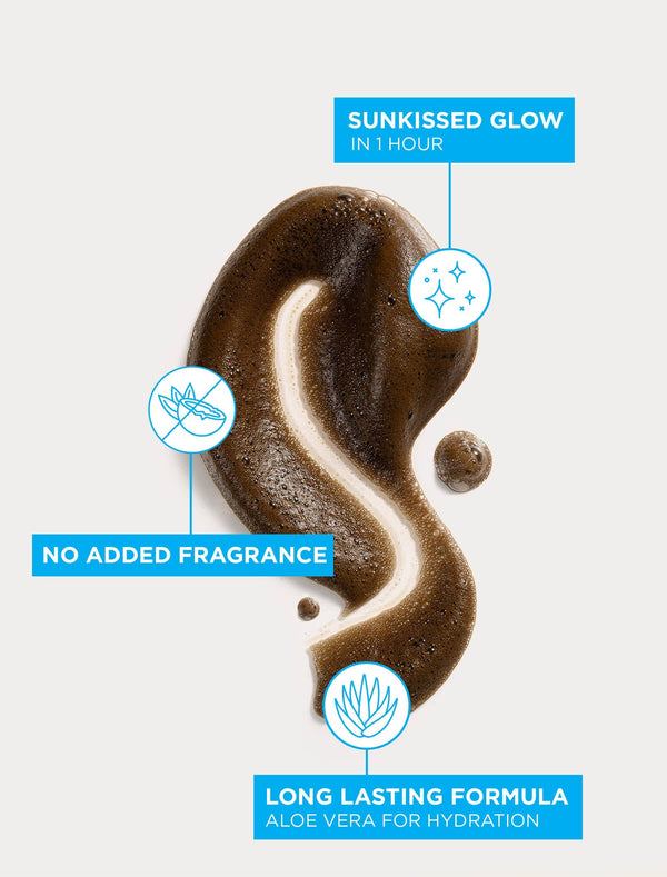 A streak of brown BondiSandsEU Self Tanning Foam 1 Hour Express with blue icons on white background highlights express tanning in 1 hour, no added fragrance, and a long-lasting, hydrating formula with aloe vera for a sunkissed glow.