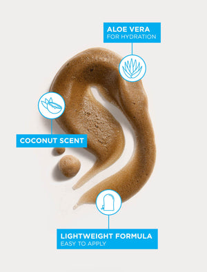 A swirl of brown gel with three blue labels—Aloe Vera for Hydration, Coconut Scent, and Lightweight Formula—captures BondiSandsEU Self Tanning Foam Light Medium for an effortless, natural-looking Australian tan.