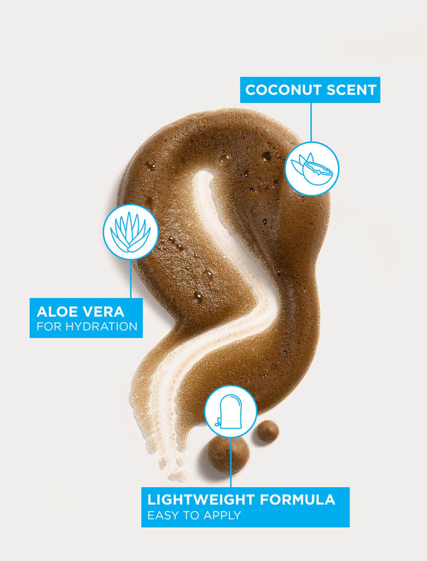 On a white background, a brown gel-like swatch with a white stripe is shown. Labels highlight BondiSandsEU Self Tanning Foam Dark’s coconut scent, hydrating Aloe Vera, and its lightweight, easy-to-apply formula, each with blue icons.