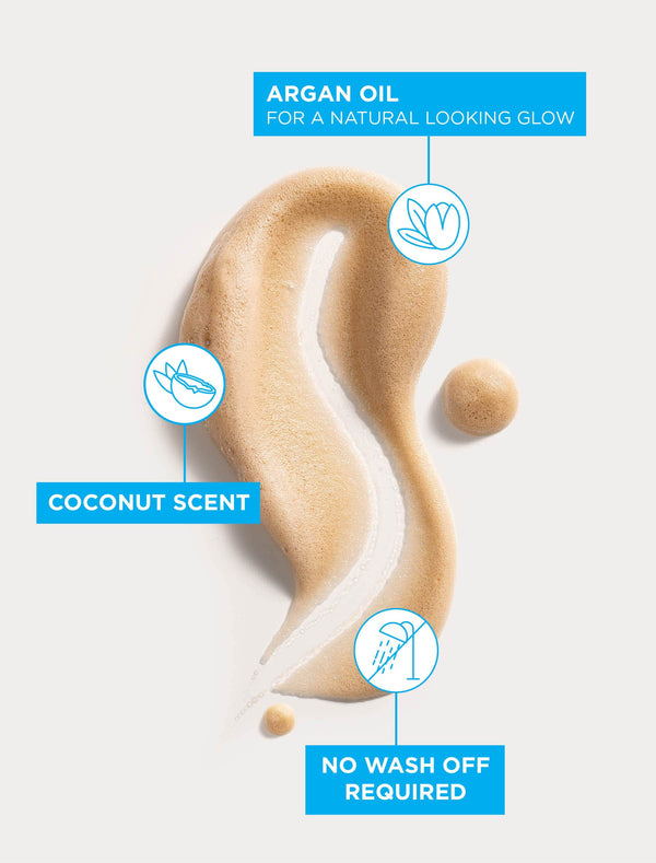 BondiSandsEU Self Tanning Foam Liquid Gold: A swirl of tanning foam with Argan oil for a natural-looking glow, coconut scent, and no wash off required—features highlighted with text and icons.