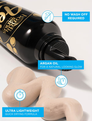 A bottle of BondiSandsEU Aero Self Tanning Foam Liquid Gold dispenses in a swirl. Labels note: no wash off needed, long-lasting natural tan with argan oil, and an ultra-lightweight, quick-drying formula.