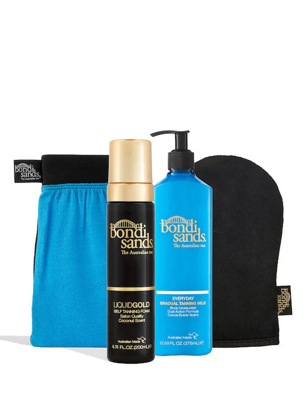 The BondiSandsEU Liquid Gold Self Tanning Routine Bundle features a self tan mitt, application mitt, tanning foam, and gradual tanning milk, all displayed against a white background.