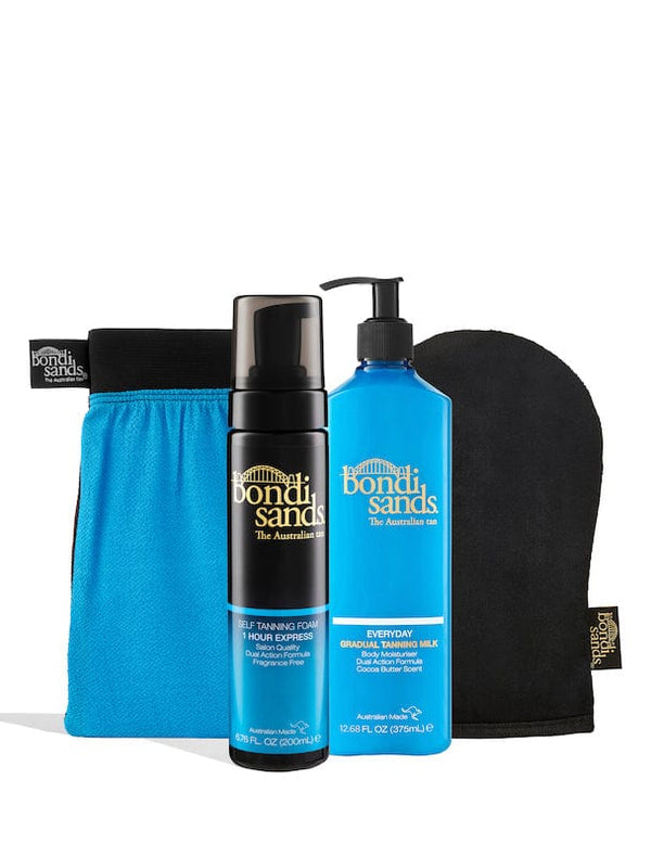 The BondiSandsEU 1 Hour Express Self Tanning Routine Bundle includes a blue tanning mitt, black-and-blue exfoliating mitt, express self tanning foam, and gradual tanning milk, all featuring the Bondi Sands logo.