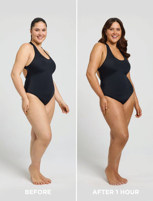 A woman in a black swimsuit is shown in side-by-side “Before” and “After 1 Hour” photos. In the after image, her waist and hips look slimmer, thanks to Bondi Sands Europe Ultra Express Self Tanning Foam with ColourLock Accelerator.