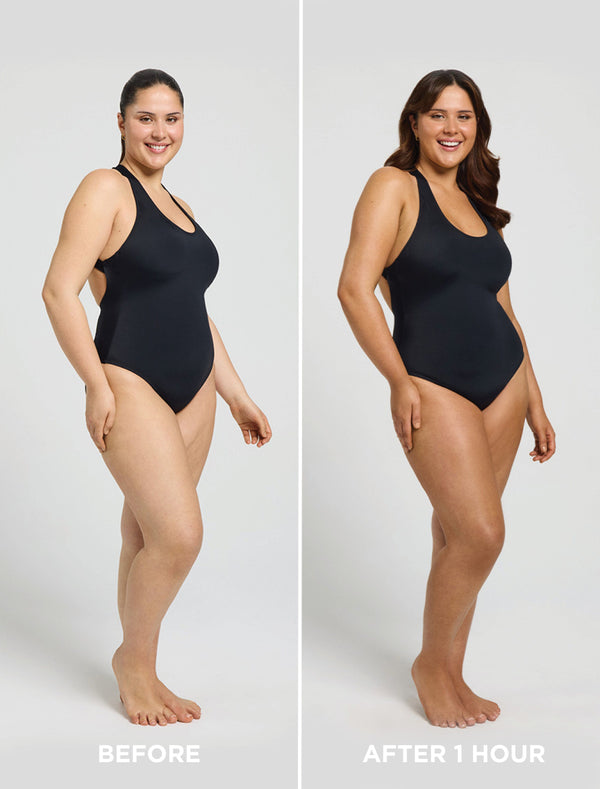 A woman in a black swimsuit is shown in side-by-side “Before” and “After 1 Hour” photos. In the after image, her waist and hips look slimmer, thanks to Bondi Sands Europe Ultra Express Self Tanning Foam with ColourLock Accelerator.