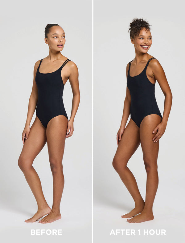 Side-by-side photos show the same woman in a black swimsuit. Left: Before, her skin is lighter. Right: After 1 hour with Bondi Sands Europe Ultra Express Self Tanning Foam, her skin looks visibly tanned.