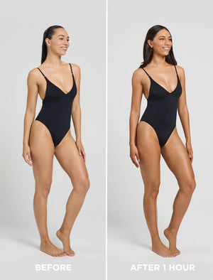 Side-by-side photos of a woman in a black swimsuit, labeled Before and After 1 Hour, show a visible tan using Bondi Sands Europe Ultra Express Self Tanning Foam for a deeper, more even skin tone.