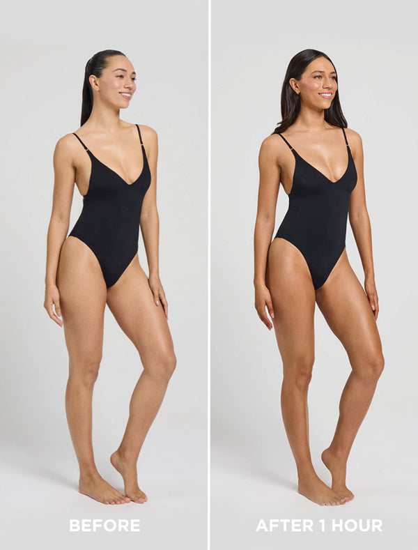 Side-by-side photos of a woman in a black swimsuit, labeled Before and After 1 Hour, show a visible tan using Bondi Sands Europe Ultra Express Self Tanning Foam for a deeper, more even skin tone.