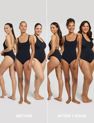 Four women wear black swimsuits. On the left (Before), their skin is natural; on the right (After 1 Hour), they have a tan, showing the rapid results of BondiSandsEU’s Ultra Express Self Tanning Routine Bundle.