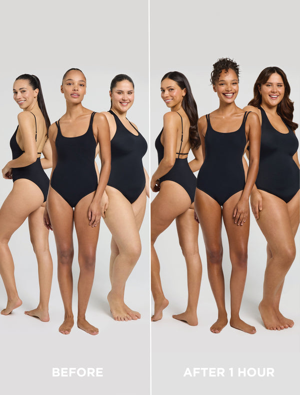 Four women wear black swimsuits. On the left (Before), their skin is natural; on the right (After 1 Hour), they have a tan, showing the rapid results of BondiSandsEU’s Ultra Express Self Tanning Routine Bundle.