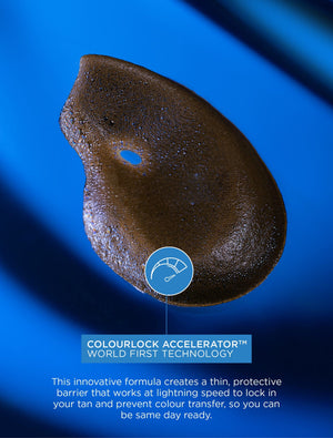 A dollop of Bondi Sands Europe Ultra Express Self Tanning Foam & Application Mitt Bundle is shown against a blue background, highlighting its fast-acting formula that locks in color and prevents transfer.