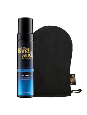 The Bondi Sands Europe Ultra Express Self Tanning Foam & Application Mitt Bundle includes a sleek blue and black bottle and a plain mitt with a branded tag, offering the perfect duo for an effortless, streak-free self tan.
