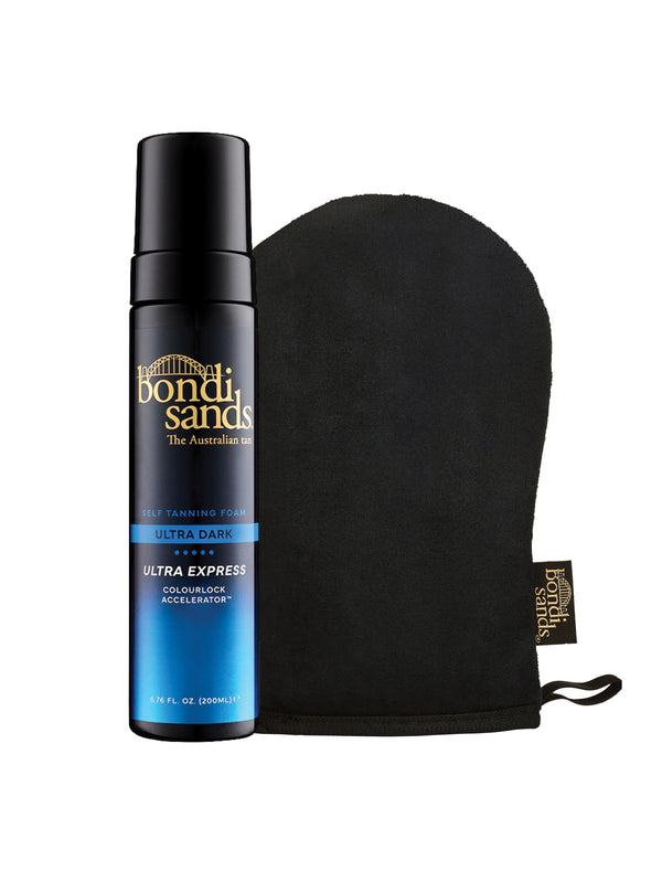 The Bondi Sands Europe Ultra Express Self Tanning Foam & Application Mitt Bundle includes a sleek blue and black bottle and a plain mitt with a branded tag, offering the perfect duo for an effortless, streak-free self tan.