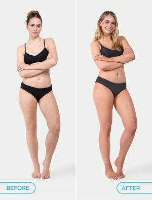 Side-by-side comparison of a woman in black underwear: Before (straight-faced) and After using BondiSandsEU Aero Self Tanning Foam Liquid Gold (smiling, slimmer appearance).