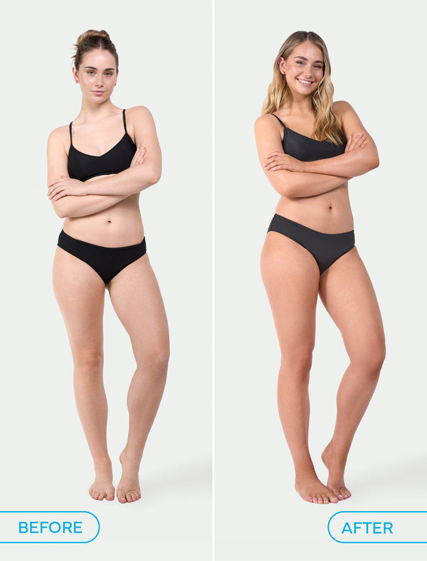 Side-by-side comparison of a woman in black underwear: Before (straight-faced) and After using BondiSandsEU Aero Self Tanning Foam Liquid Gold (smiling, slimmer appearance).