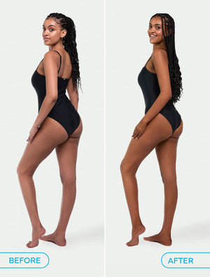 Side-by-side images of a woman in a black swimsuit—before and after using BondiSandsEU's Aero Self Tanning Foam Ultra Dark & Application Mitt Bundle. After use, her waist, hips, and thighs appear slimmer with a flawless bronzed glow.