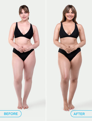 Side-by-side comparison of a woman in a black bikini labeled Before and After. In the After, she looks slimmer and happier, highlighting her results with the BondiSandsEU Ultra Express Self Tanning Routine Bundle.