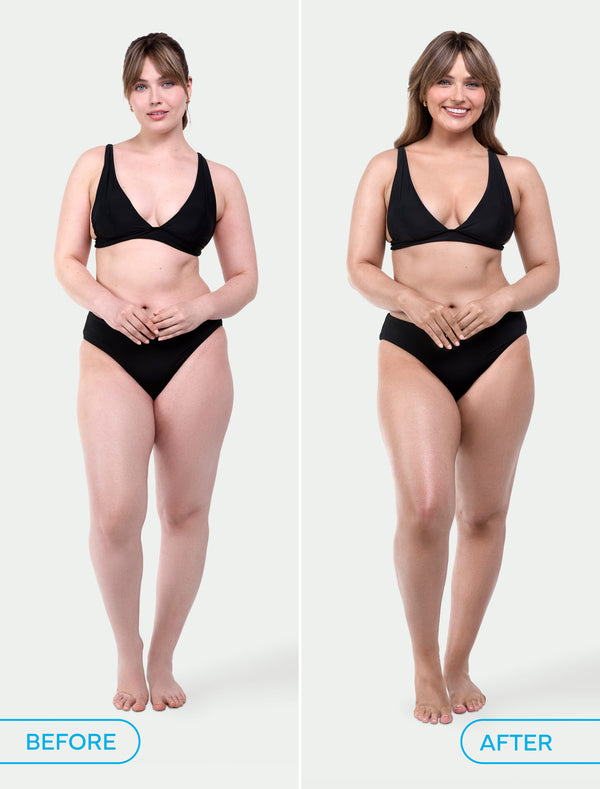 Side-by-side comparison of a woman in a black bikini labeled Before and After. In the After, she looks slimmer and happier, highlighting her results with the BondiSandsEU Ultra Express Self Tanning Routine Bundle.
