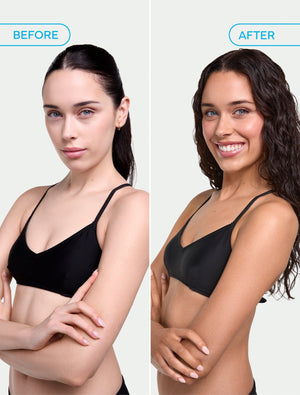 Side-by-side photos of a woman in a black bra: Before (left) with straight hair and neutral expression, After (right) with wavy hair, smiling and glowing after using BondiSandsEU Self Tan Drops Light/Medium.